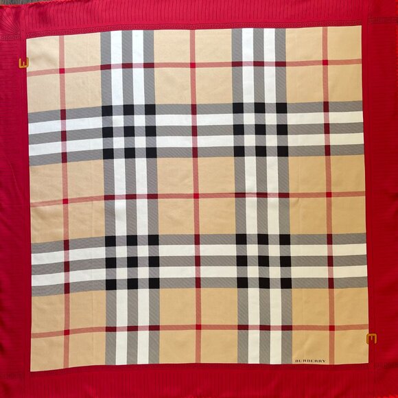 NWT Burberry Scarf Logo Iconic Beige Check Red Border Silk Wrap - Picture 7 of 15